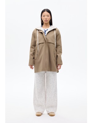 Kapüşonlu Fermuarlı Trençkot Haki