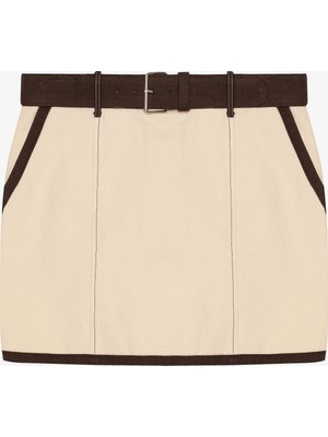 Kontrast Dikiş Detaylı Kemerli Mini Etek Bej