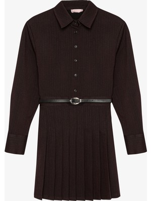 Pileli Kemerli Mini Gömlek Elbise Kahverengi