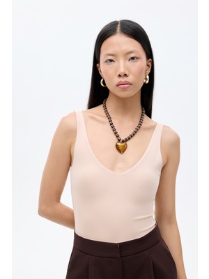 Quzu V Yaka Basic Bodysuit Bej