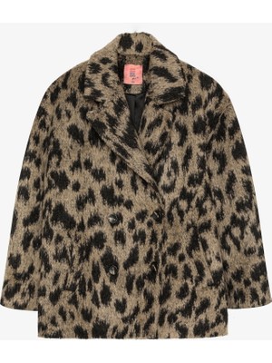 Leopar Desenli Oversize Kruvaze Kaban Bej