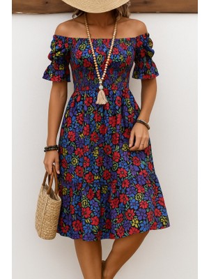 Sosostyle Kadın Kısa Kollu Kare Yakalı Beli Lastikli Çiçek Desenli Mini Süprem Elbise