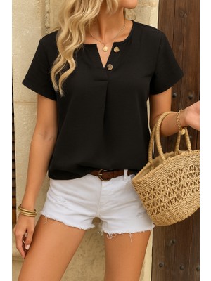 Gökyüzü Moda Kadın Kısa Kollu Çentikli V Düğme Detaylı V Yaka Önden Pileli Ithal Keten Bluz