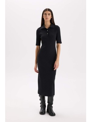 DeFacto Bodycon Vücudu Saran Polo Yaka Fitilli Kaşkorse Kısa Kollu Midi Elbise D8296AX25SP