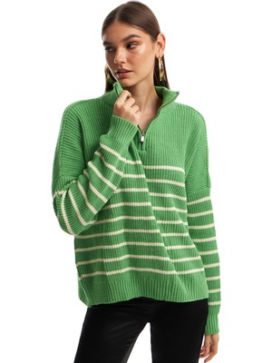 Quzu Fermuarlı Çizgili Kazak Yeşil