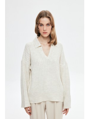 Quzu Polo Yaka Triko Kazak Krem