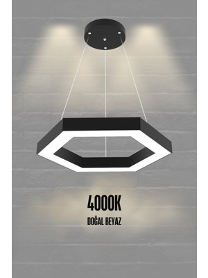 Hexagon ( Siyah Kasa, 4000K Işık Rengi ) Modern LED Avize, Salon, Mutfak, Oturma Yatak Odası Sarkıt