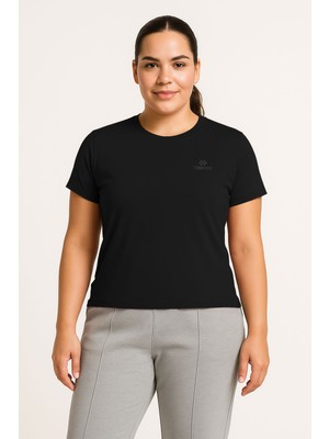 Siyah Baskılı O Yaka Rahat Form Battal Büyük Beden Kadın T-Shirt - 97308