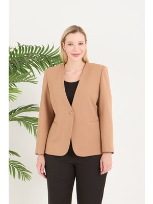 Fagi Kadın Büyük Beden V Yaka Tek Düğmeli Ceket Uzun Kol Düz Desenli Sütlü Kahve