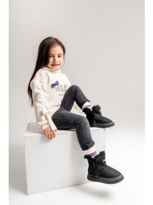 Mnpc Kız Çocuk Siyah Hakiki Deri Hakiki Kürklü Suya Dayanıklı Bot