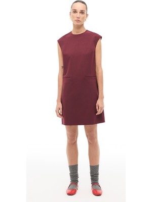 Bordo Çizgili Slim Fit Midi Elbise