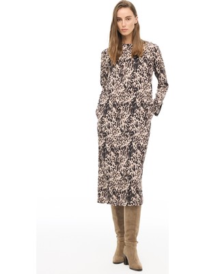Kahverengi Bisiklet Yaka Leopar Midi Elbise
