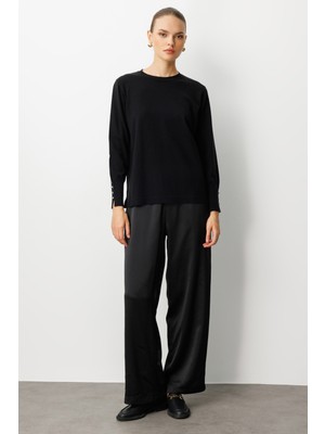 Mizalle Beli Lastikli Geniş Paça Siyah Saten Pantolon