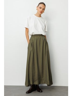 Mizalle Modal Karışımlı Haki Beli Lastikli  Maksi Etek