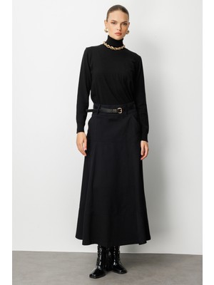Mizalle Siyah A Kesim Kemerli Kalın Volanlı Maksi Etek