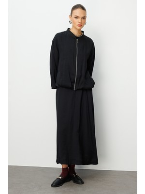 Mizalle Modal Karışımlı Siyah Oversize Bomber Ceket