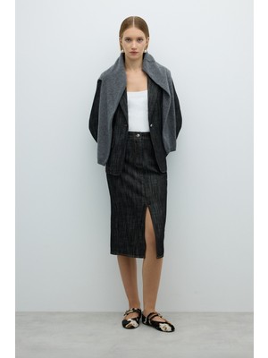 Ön ve Arka Yırtmaç Detaylı Midi Boy Etek Siyah K2652008_001