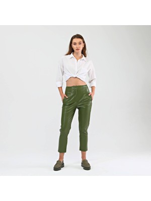 Yüksek Bel Deri Pantalon