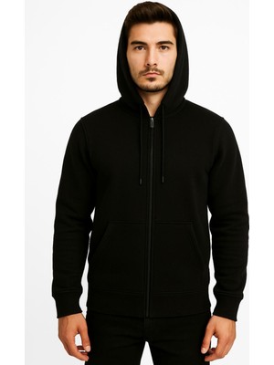 Erkek Siyah Fermuarlı Kapüşonlu SWEATSHIRT-W590