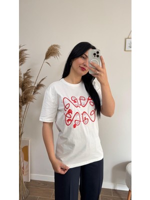 Desenli Baskılı Kısa Kolu Pamuklu Tshirt Kadın Marka Model Tişört