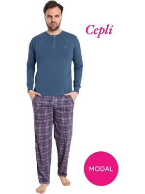 Bie's Erkek Mavi 3 Düğmeli Ekose Desen Pamuk Likra Mevsimlik Modal Uzun Kol Cepli Pijama Takımı