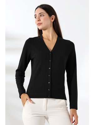 Şiir Kambia Kadın Siyah Uzun Kollu Düğmeli Basic Örme Klasik Hırka