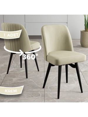 Jiva Serisi 1 Adet Krem Sandalye 360°C Döner Mutfak Sandalyesi Siyah Metal Ayaklı