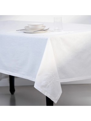 Julien Pamuk Keten Çiçek Nakışlı Masa Örtüsü Beyaz
