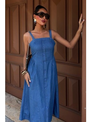 Korsaj ve Düğme Detaylı Midi Tensel Elbise Cotton