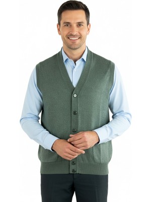 Oppland Erkek Baba Yeleği Önden Zarif Düğmeli ve Klasik Çift Cepli Rahat Kesim Ince Yünlü Dokuma