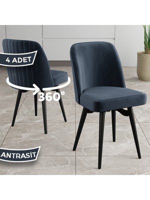 Jiva Serisi 4 Adet Antrasit Sandalye 360°C Döner Mutfak Sandalyesi Siyah Metal Ayaklı