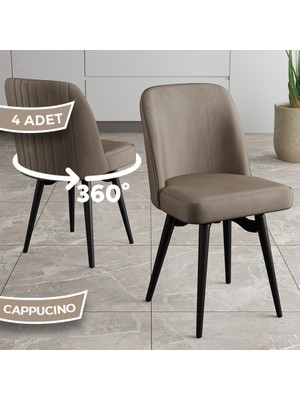 Jiva Serisi 4 Adet Cappucino Sandalye 360°C Döner Mutfak Sandalyesi Siyah Metal Ayaklı