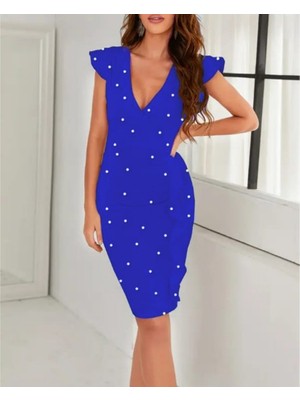 Kadın Kısa Kollu Inci Taş Işlemeli V Yaka Krep Elbise