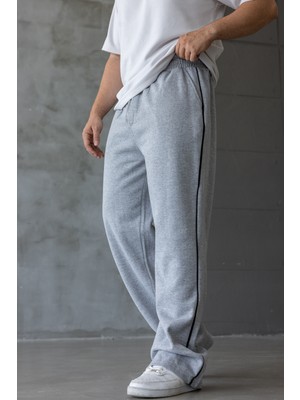 Erkek Kışlık Gri Şeritli Oversize Baggy Eşofman Altı