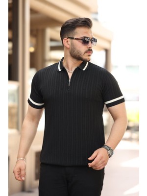 Erkek Yaka ve Kolları Çizgi Detaylı Fermuarlı Kısa Kollu T-Shirt