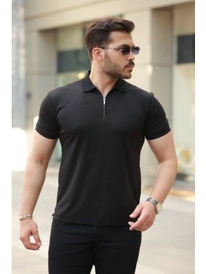 Erkek Deri Panel Detaylı Fermuar Yakalı Kısa Kollu Tişört