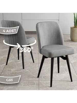 Jiva Serisi 4 Adet Gri Sandalye 360°C Döner Mutfak Sandalyesi Siyah Metal Ayaklı