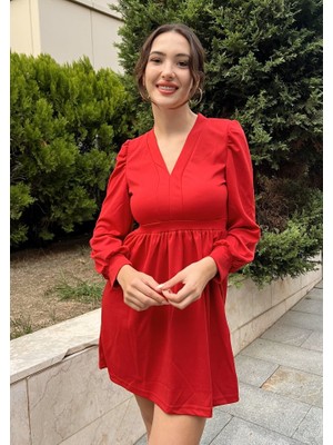 Kadın Uzun Kollu V Yaka Belden Hafif Pileli Scuba Krep Mini Boy Elbise