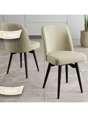 Jiva Serisi 6 Adet Krem Sandalye 360°C Döner Mutfak Sandalyesi Siyah Metal Ayaklı