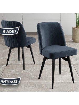 Jiva Serisi 6 Adet Antrasit Sandalye 360°C Döner Mutfak Sandalyesi Siyah Metal Ayaklı
