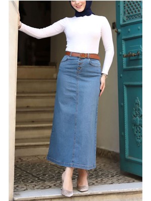 Mavi Kemerli Kot Etek VELLICHOR Doğal Kumaş 40 Beden Uzun ve Şık Tasarım