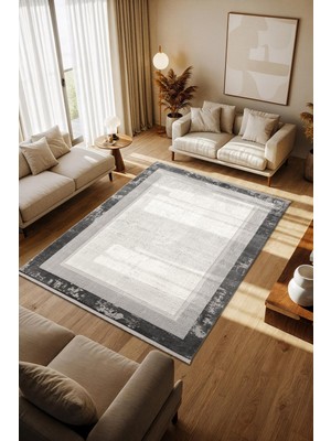 Cotto Motto TT003G Gri Halı Klasik Çerçeveli Desen Pamuk Taban Yıkanabilir Salon Mutfak Halısı