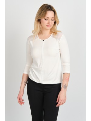 Sistas Kadın Omuz ve Kolları Tül Detaylı Beli Lastikli Truvakar Kol Bluz 23321 Ekru