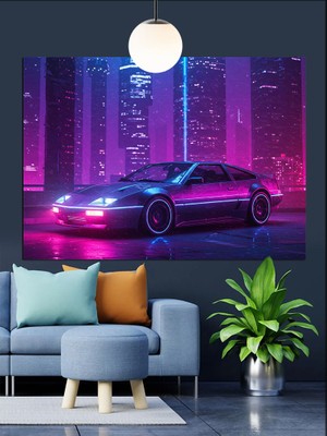 Neon Işıklı Spor Araba Dekoratif Kanvas - Mdf Ahşap Tablo