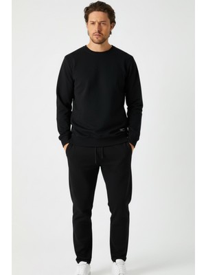 Mmetalic Siyah Relaxed Fit Bisiklet Yaka Sweatshirt Düz Paça Erkek Eşofman Takımı