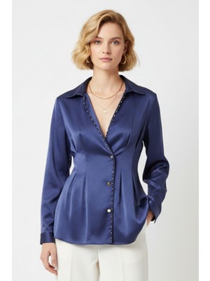 Laci Kruvaze Kesim Taş İşlemeli Kadın Saten Gömlek 8149A