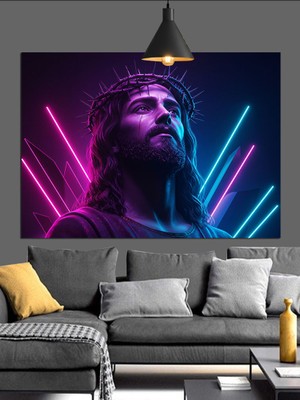 Neon Işıklı Isa Tasviri Dekoratif Kanvas - Mdf Ahşap Tablo