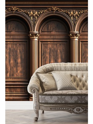 Vintage Ahşap Kemerli Sütun Desenli Duvar Kağıdı