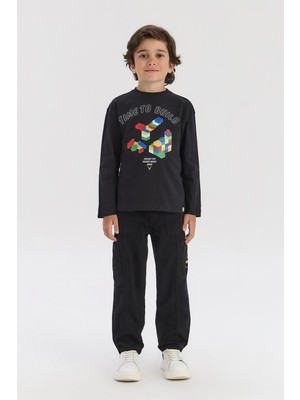 Nebbati Bg Store Erkek Çocuk Uzun Kol Siyah Tişört Günlük Stil Pamuk Grafik Desenli