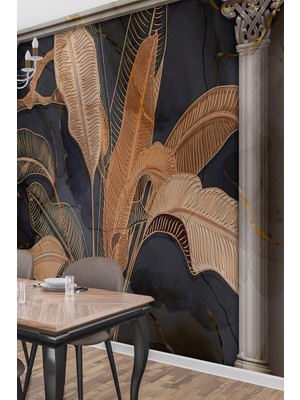 Altın Tropik Yapraklı Mermer Duvar Kağıdı